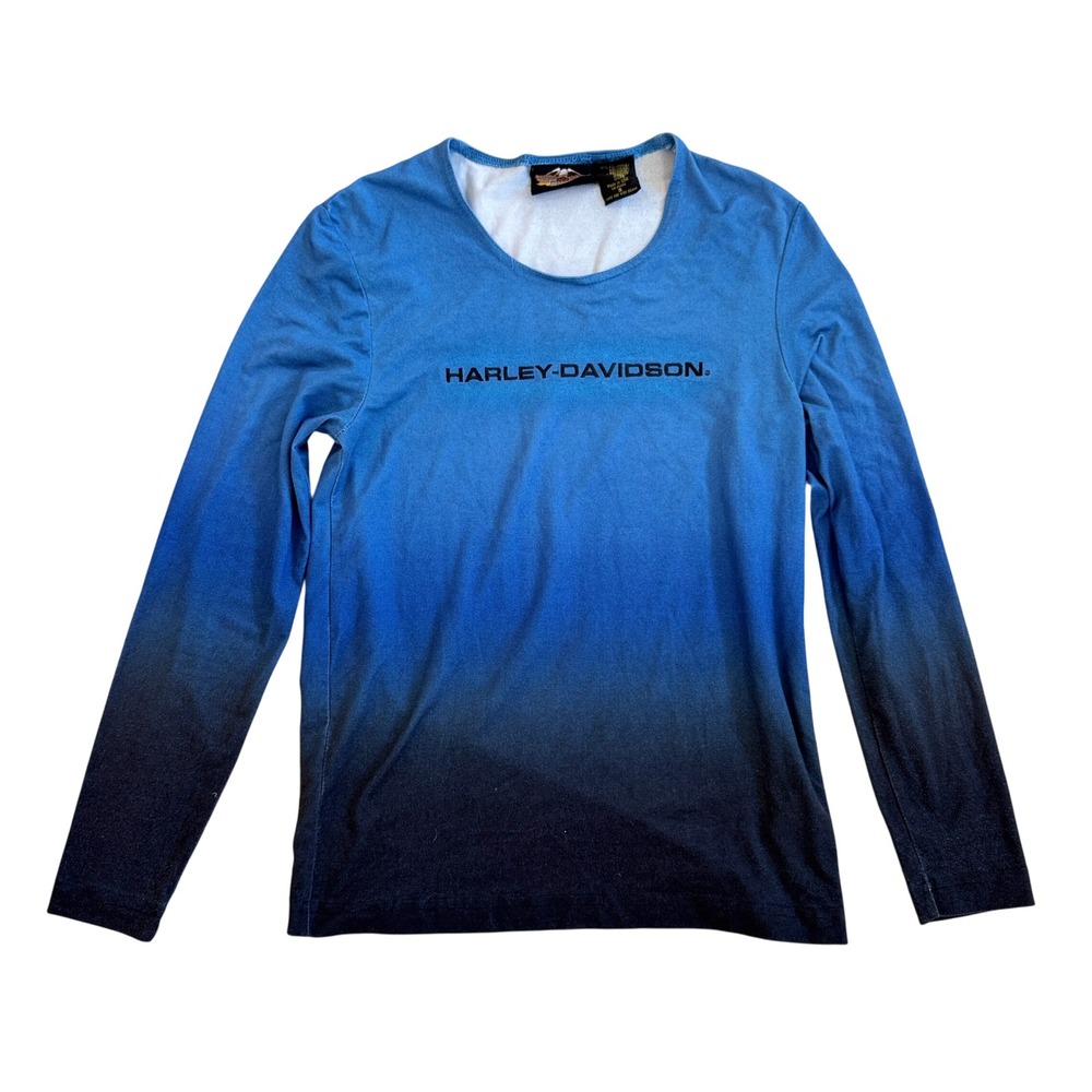 VTG! Harley Davidson Embroidered Ombre Blue Long Sleeve T Shirt‎ S Y2K Biker USA